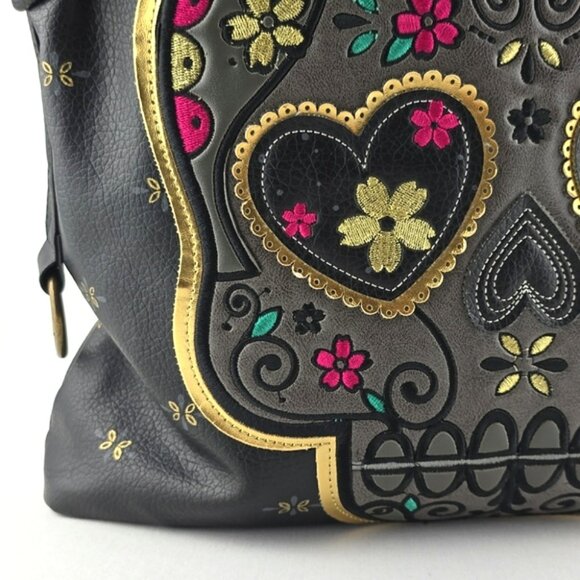 Loungefly Sugar Skull Day of the Dead Large Black Faux Leather Bag Pink Gold - Picture 11 of 16